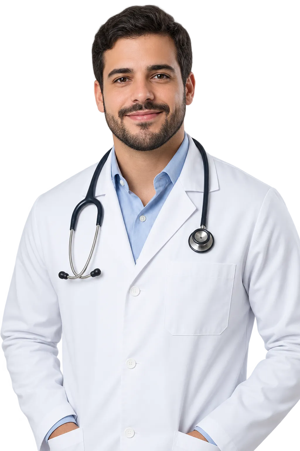Dr. Rafael Moreira, de jaleco e estetoscópio, sorrindo